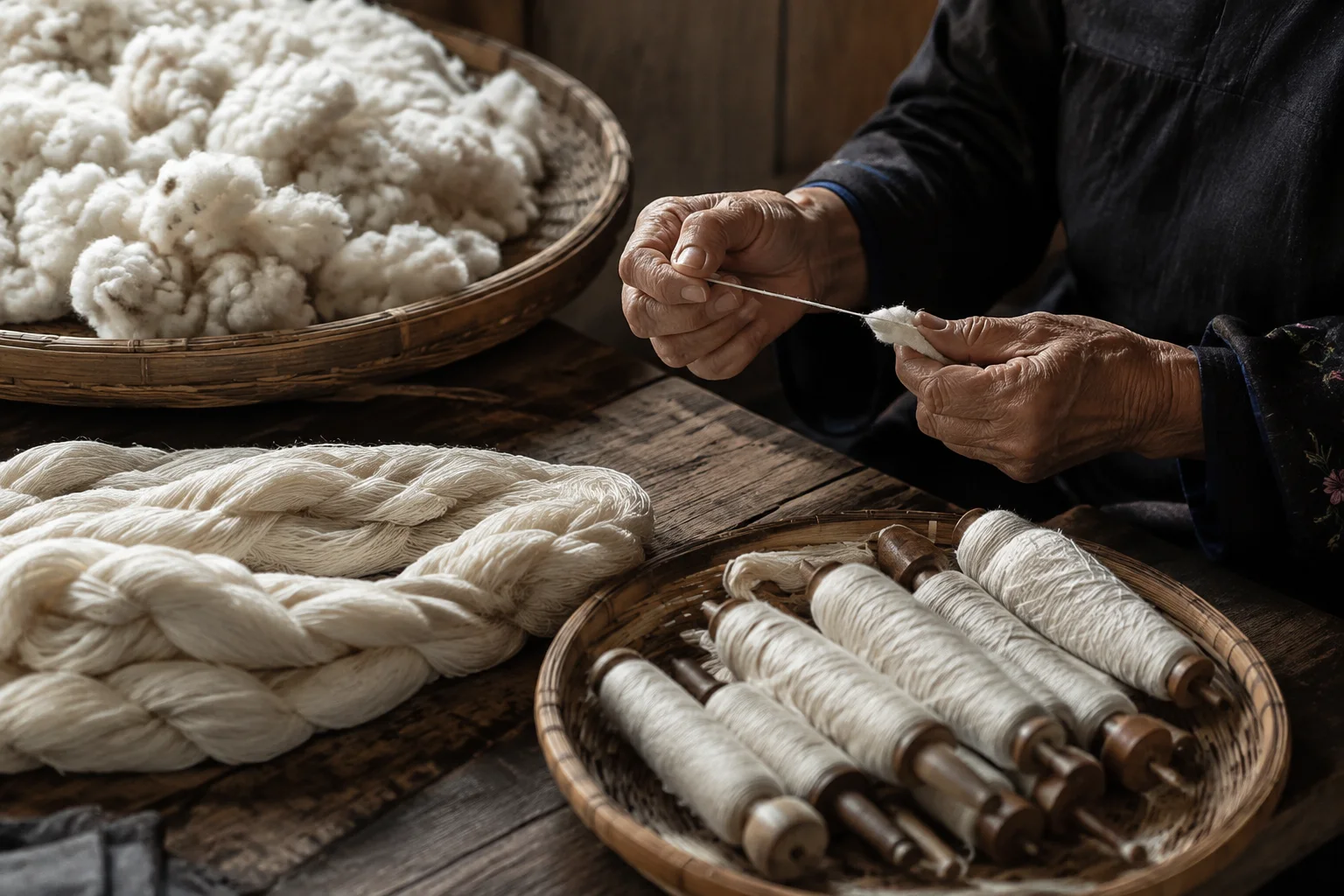 Cotton fibre is cleaned, drawn and wound into usable thread. Even before weaving begins, the material passes repeatedly through the hands.