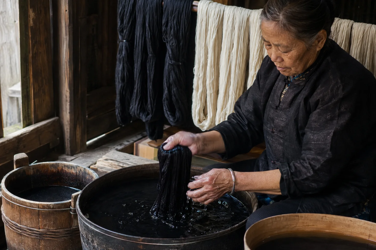 Cotton yarn is prepared in a restrained palette. Colour is established before the structure of the pattern can emerge.
