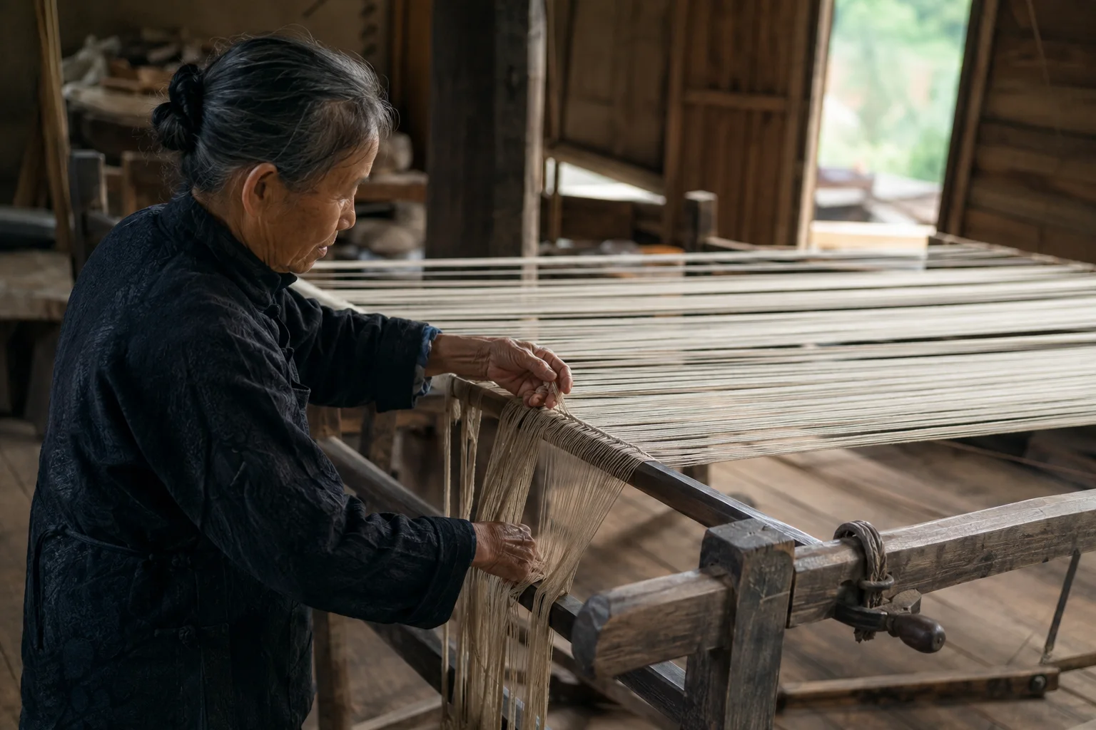 Threads are measured, counted and tensioned. A small error here can travel through the entire length of cloth.