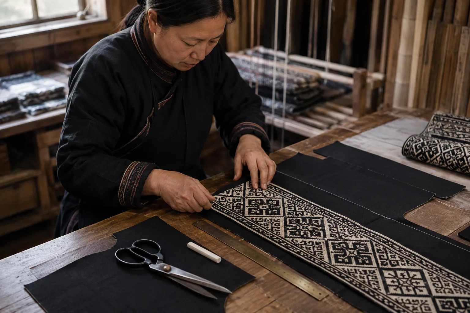 The finished brocade is read like a composition. Motifs are aligned with the product pattern before a cut is made.