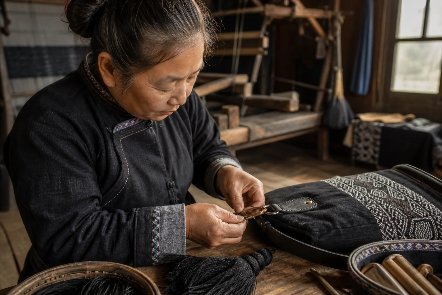 Textile, lining and hardware are brought together; edges, stitches and ornament are checked by hand before the piece leaves the studio.