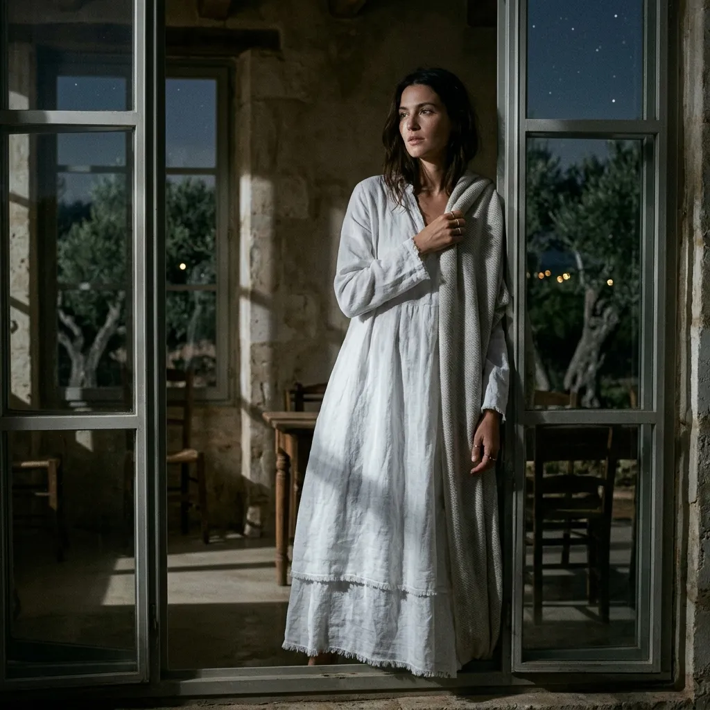 Moonlight falling on soft linen fabric, solitary woman
